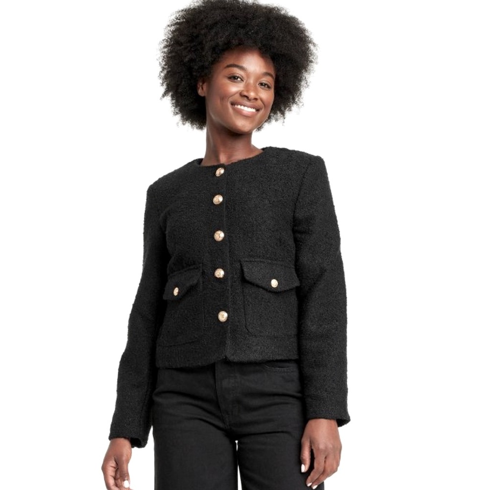 NWT Black Long Sleeve Button Front Boucle Cropped Jacket w/Gold Buttons, Size M
